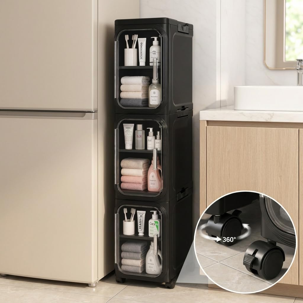 3 Tier Slim Bathroom Storage Cabinet with Wheels, Black, Easy to Install | Magnetic Door, Plastic, PET, ABS, Adjustable Shelves, Storage for Narrow Spaces, Foldable,Lockable Wheels