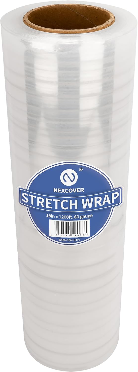 NEXCOVER 18 Inch Stretch Wrap - 1200 Feet | 60 Gauge, 1 Roll Clear Plastic Self-adhering Stretch Wrap Film for Pallet Wrap, Thick and Sturdy Packing Moving Supplies Heavy Duty Shrink Film.