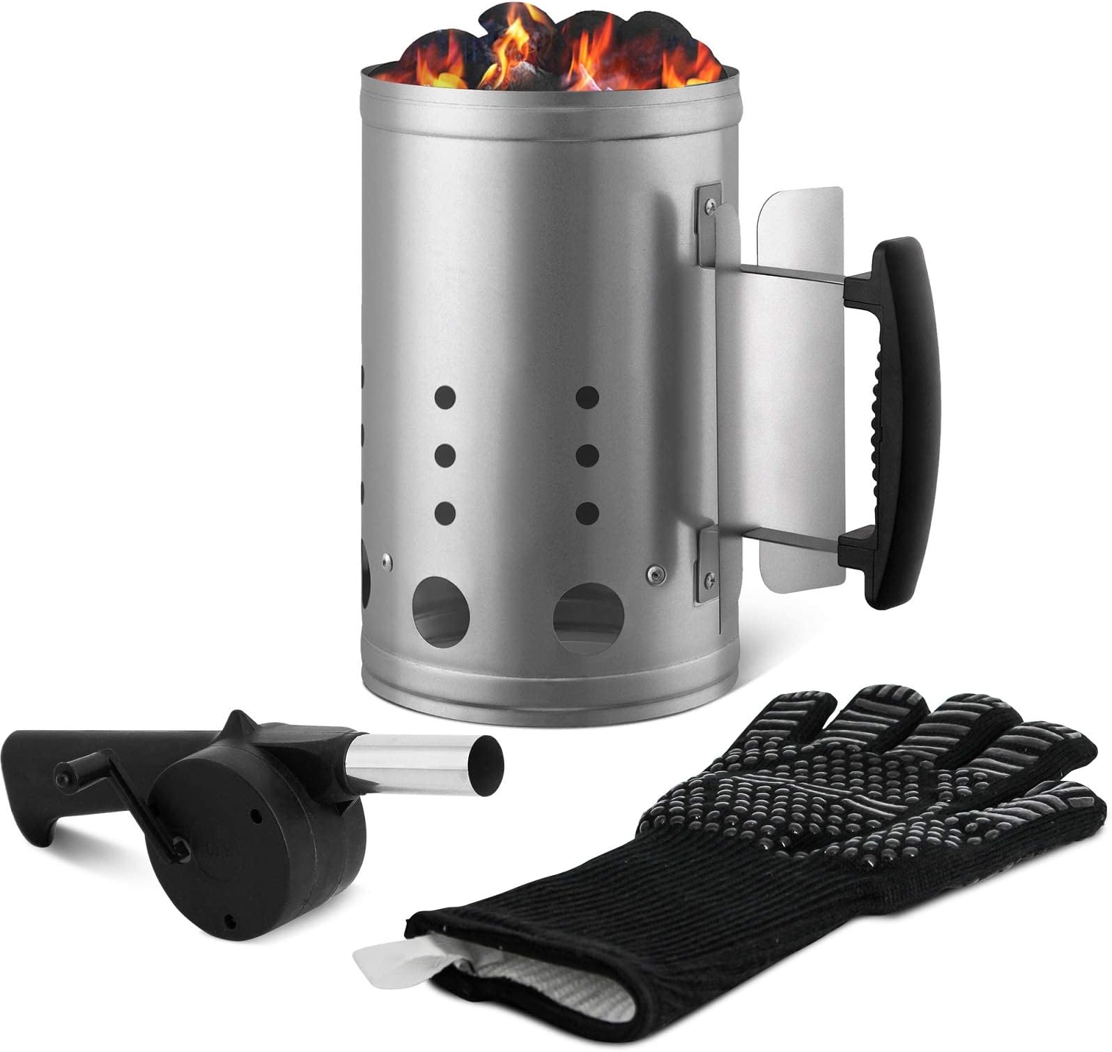 CADARA Charcoal Chimney Starter Set Charcoal Chimney Lighter Can A 1472℉ Heat Resistant Grill Glove Portable BBQ Fan Air Blower Outdoor Cooking Charcoal Barbecue Holder Accessories