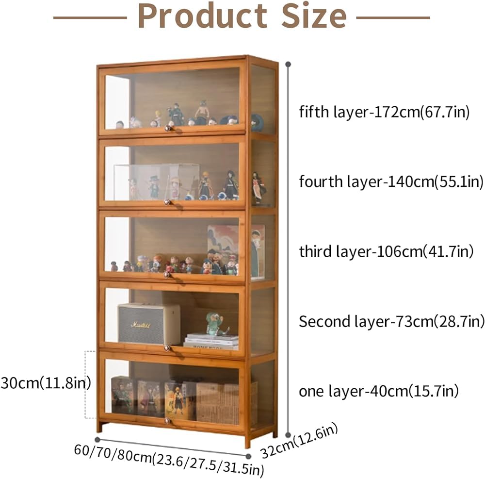 Vetrina in vetro con struttura in bambù naturale, antica con design a un'anta singola, sigillata e antipolvere, antica con anta in vetro (dimensioni: 80 x 32 x 172 cm (lunghezza x larghezza x