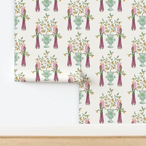 Miniatura 4 de Spoonflower Muestro de papel tapiz extraíble  Pájaros botánicos Loro tropical Cítricos Floral Caprichoso vid Hojas Naranja Limón Italiano Papel
