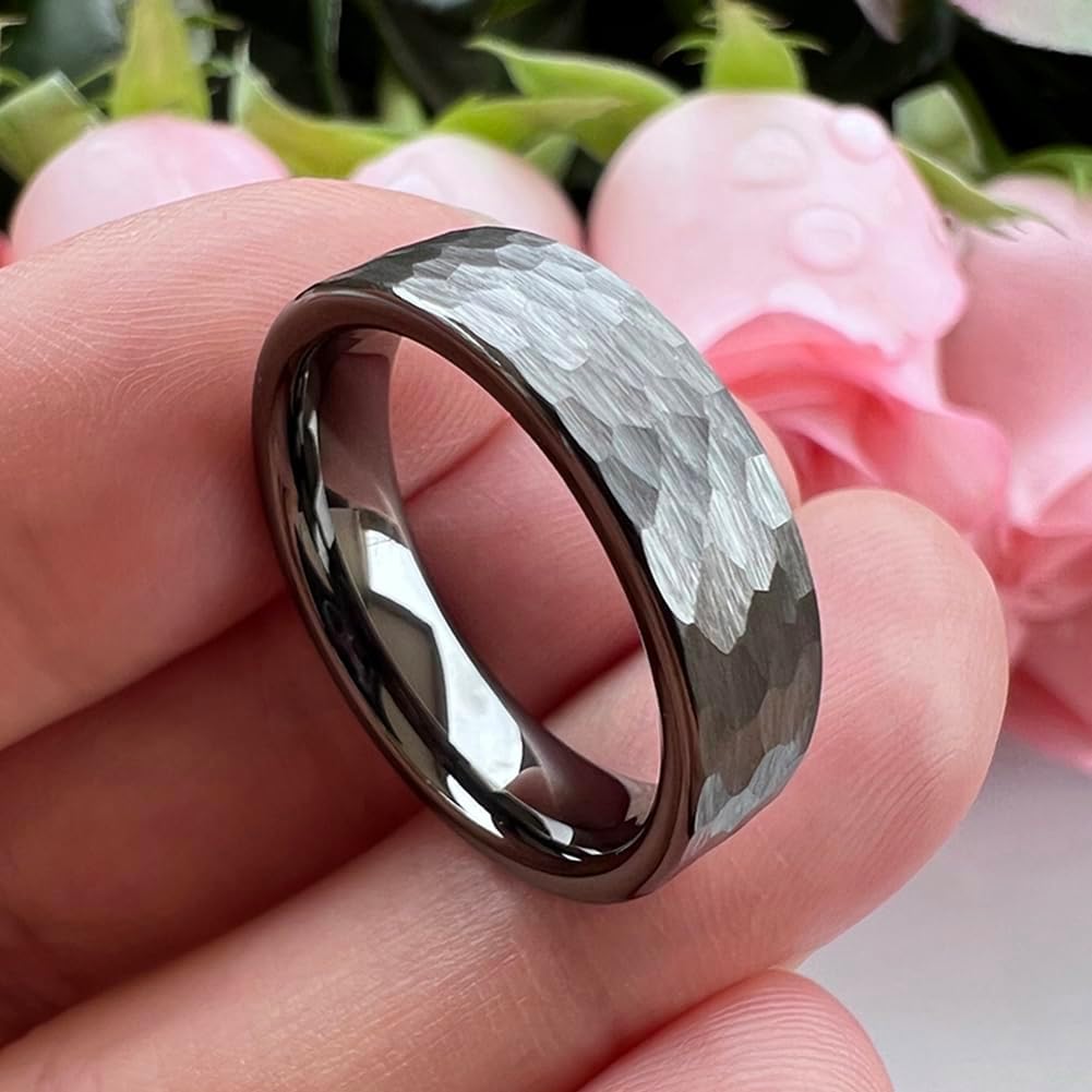 TUTISS 6mm 8mm Silver/Black/Gunmetal/Gold/Rose Gold Hammered Tungsten Rings for Men Women Couple Fashion Jewelry Engagement Wedding Bands Matte Finish Comfort Fit