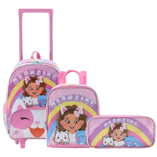 Kit Escolar Infantil 3 Peças, Mochila de Rodinhas, Lancheira Térmica e Estojo, Material Resistente, Estampa Divertida para Meninas