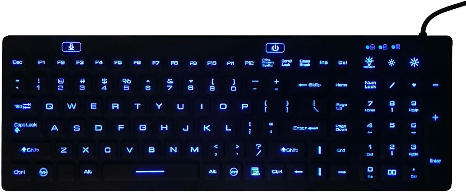 DS International DSI LED Backlit Keyboard with Number Pad - Industrial IP68 Waterproof Rugged Silicone IKB106BL