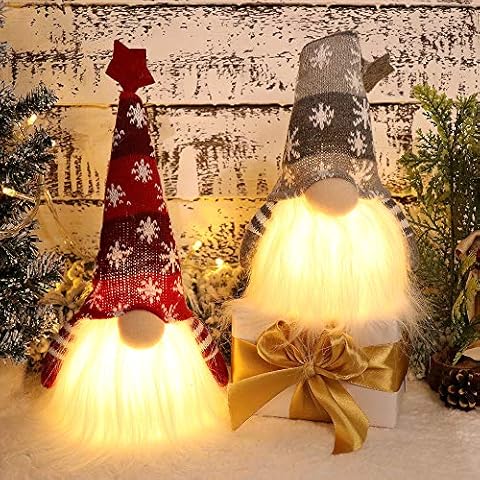 XAMSHOR Handmade Christmas Gnome Tomte with Light, Elf Scandinavian Santa with Bendable Nordic Hat for Home Table Decorations Gift Set of 2, 11.8x5.5 inches Cover