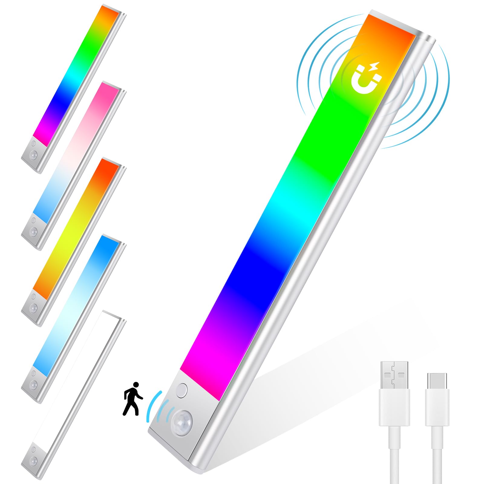 Euakee 23CM RGB IC LED Lightbar Inalámbrico con Detector de Movimiento, Bajo el Armario Luz de Cocina Regulable, Barra de Luz Recargable USB Luz de Noche para Dormitorio Playroom Decoración