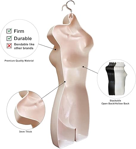 Miniatura 45 de DisplayTown Maniquí femenino a la cadera, torso largo, espalda hueca, cuerpo apilable, con gancho para colgar, para exhibición de camisetas, Blanco