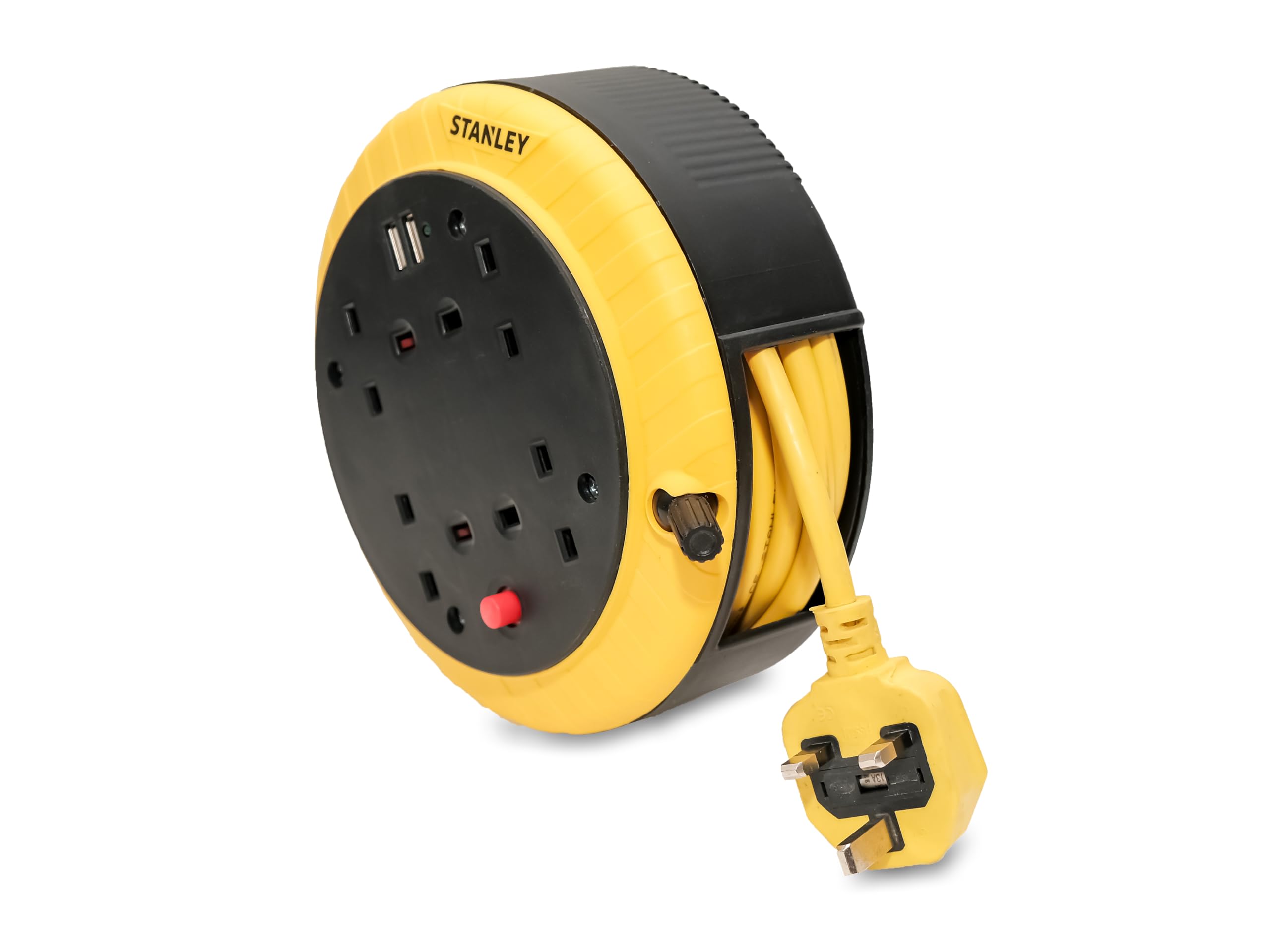 STANLEY Carrete de cable de 5 m con cuatro enchufes de 240 V y dos tomas USB. El diseño garantiza que el cable esté completamente protegido durante el transporte. Sistema de protección contra
