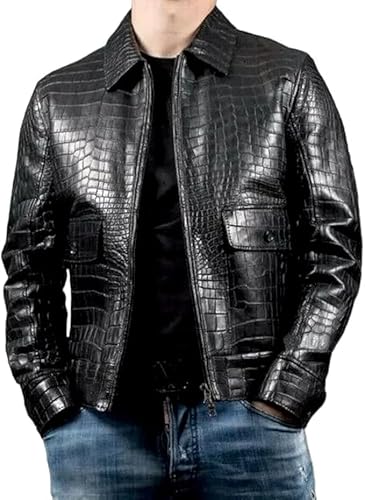 NOMIZZ Mens Crocodile Black Real Leather Biker Jacket (US, Alpha, Large, Regular, Regular, Black)