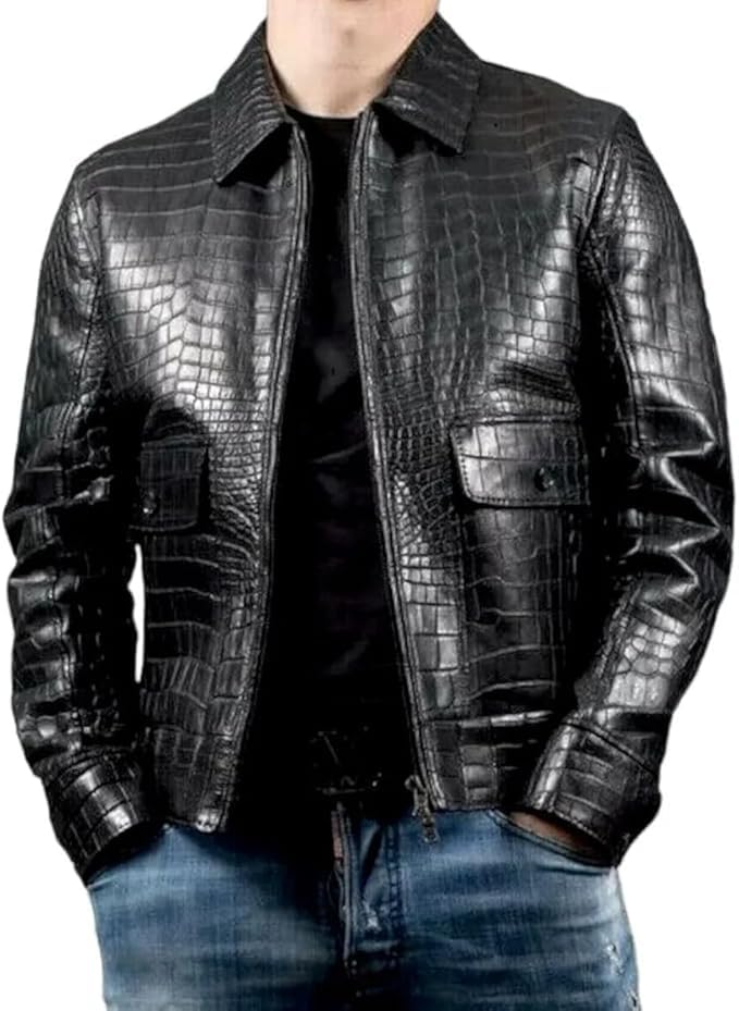 Mens Crocodile Black Real Leather Biker Jacket