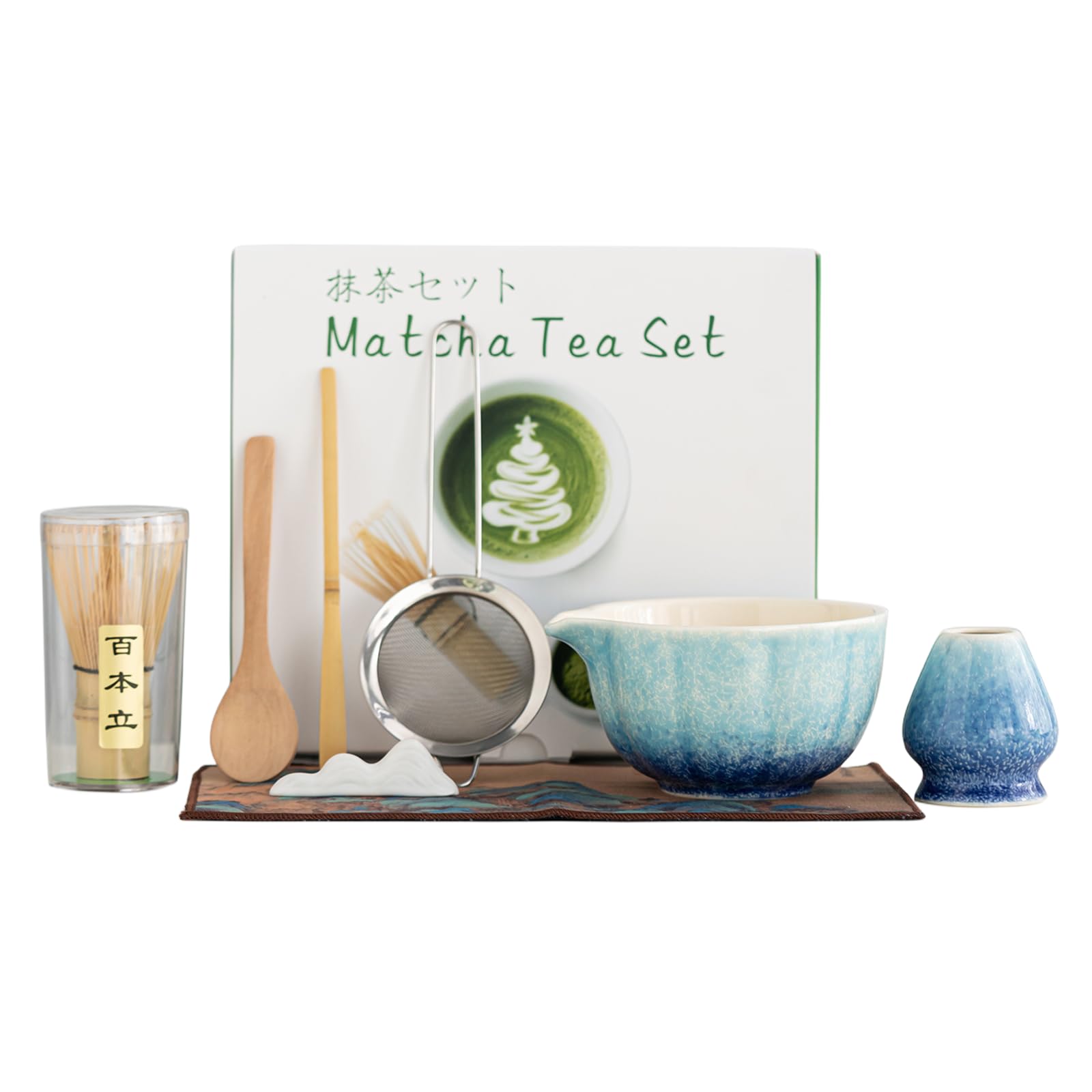 Matcha Set – Matcha Tee Zubehör – Matcha Schale – Matcha Besen – Matcha Schüssel mit Ausgießer Bambus Whisk – Japanisches Tee Set – 8-teiliges Matcha Tee Set für Liebhaber, Ozeanblau