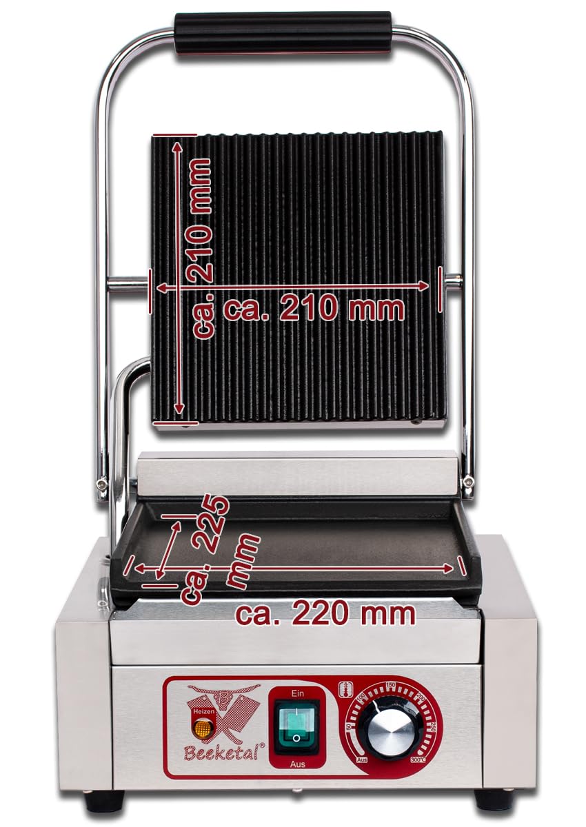 Beeketal 'BKG2' Gastro Kontaktgrill mit Gusseisen Grillpatten (oben gerillt unten glatt) mit Fettauffangschale, Profi Edelstahl Elektrogrill ideal als Panini Grill Maker oder Sandwich Toaster