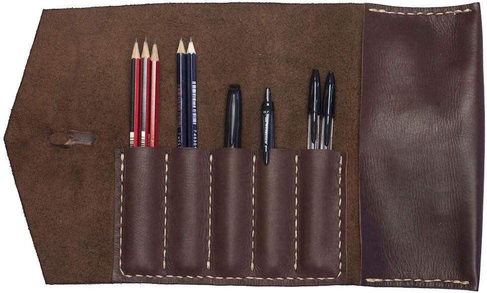 Leather Pen & Pencil Case | Vegetable Tanned Leather Roll Up | 5 Slots & Pouch for Pens, Brushes | Art, Stationary, & Makeup Organizer (Brown - Café)