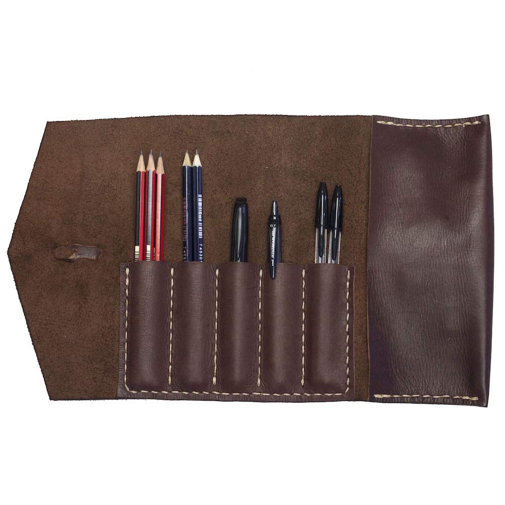 Alta Andina Leather Pen & Pencil Case | Vegetable Tanned Leather Roll Up | 5 Slots & Pouch for Pens,