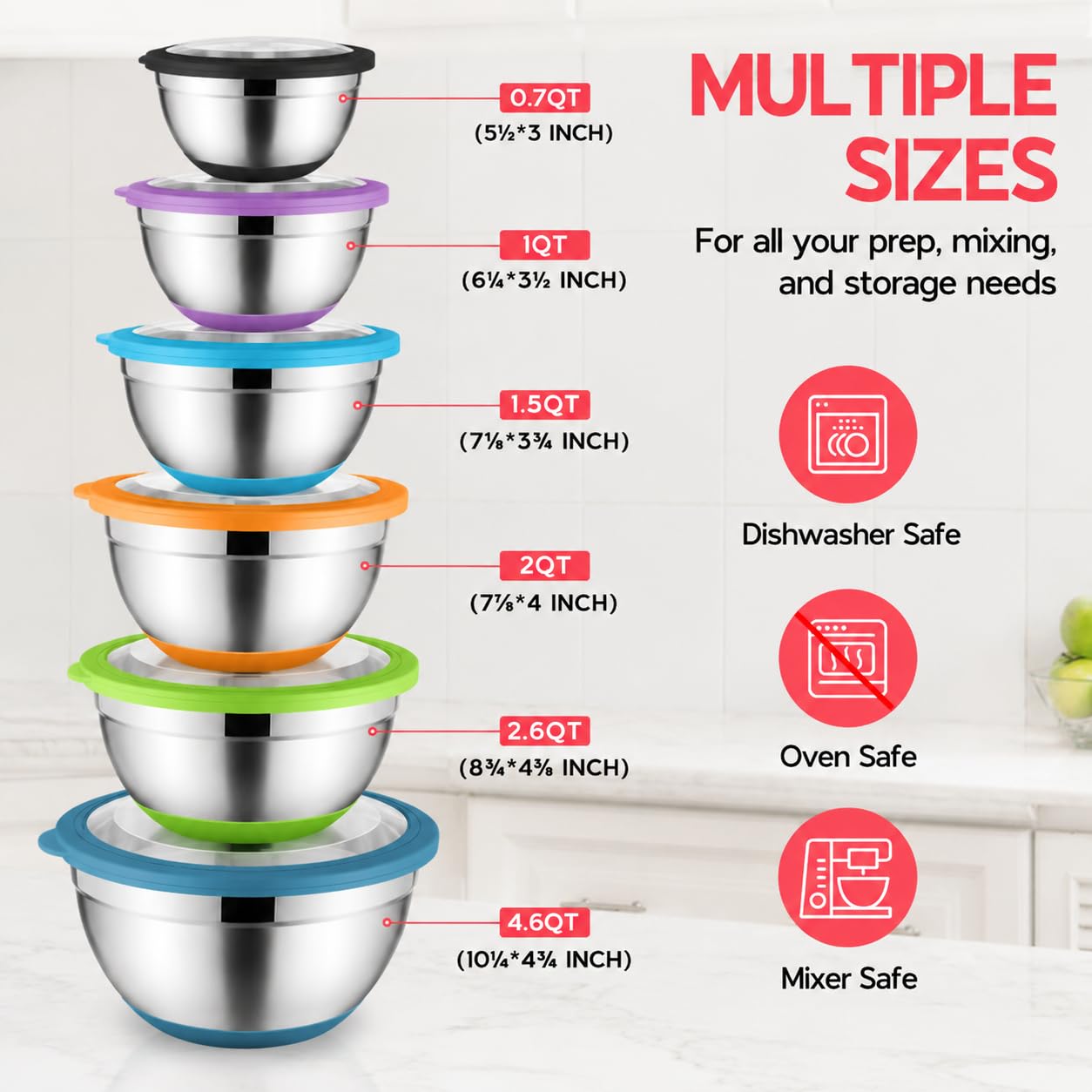 Onader Bunte Rührschüssel-Set mit 6 Stück, für die Küche, große Edelstahl-Rührschüsseln mit luftdichten Deckeln, rutschfest, Größe 1, 1,5, 2, 2,6, 3,5, 7QT