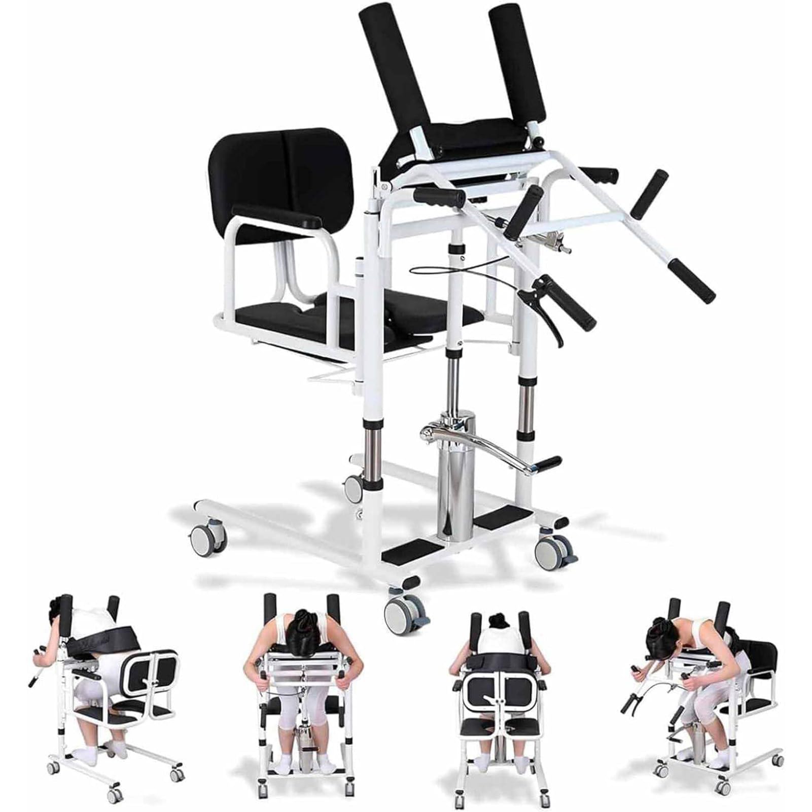 Silla de Transferencia Ancianos, Silla Elevadora de Pacientes Portátil, Ajuste Altura 41-65cm, Capacidad Máxima 200kg, Asiento 180° Plegable, 4 Ruedas con Seguro, Mesa Extradible y Cojín