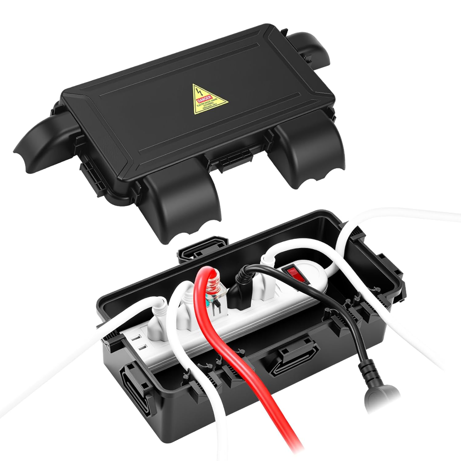 DIQIMIAQ Medium Outdoor Electrical Box(Inner 10.3 * 4.8 * 3.1inch), IP54 Waterproof Extension Cord Cover w/6 Cable Entry, Weatherproof Connection Box Protect for Plug,Connector (Black, 1PCS)