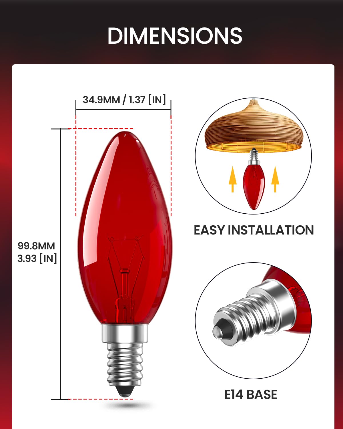 LumiGo 2X E14 Czerwona Żarówka 26W, Świeca C35 Szkło Regulowana Jasność Ozdobne Oświetlenie AC 220-242V do Kinkietów Elektryczny Ogień Halloween Dekoracja Świąteczna