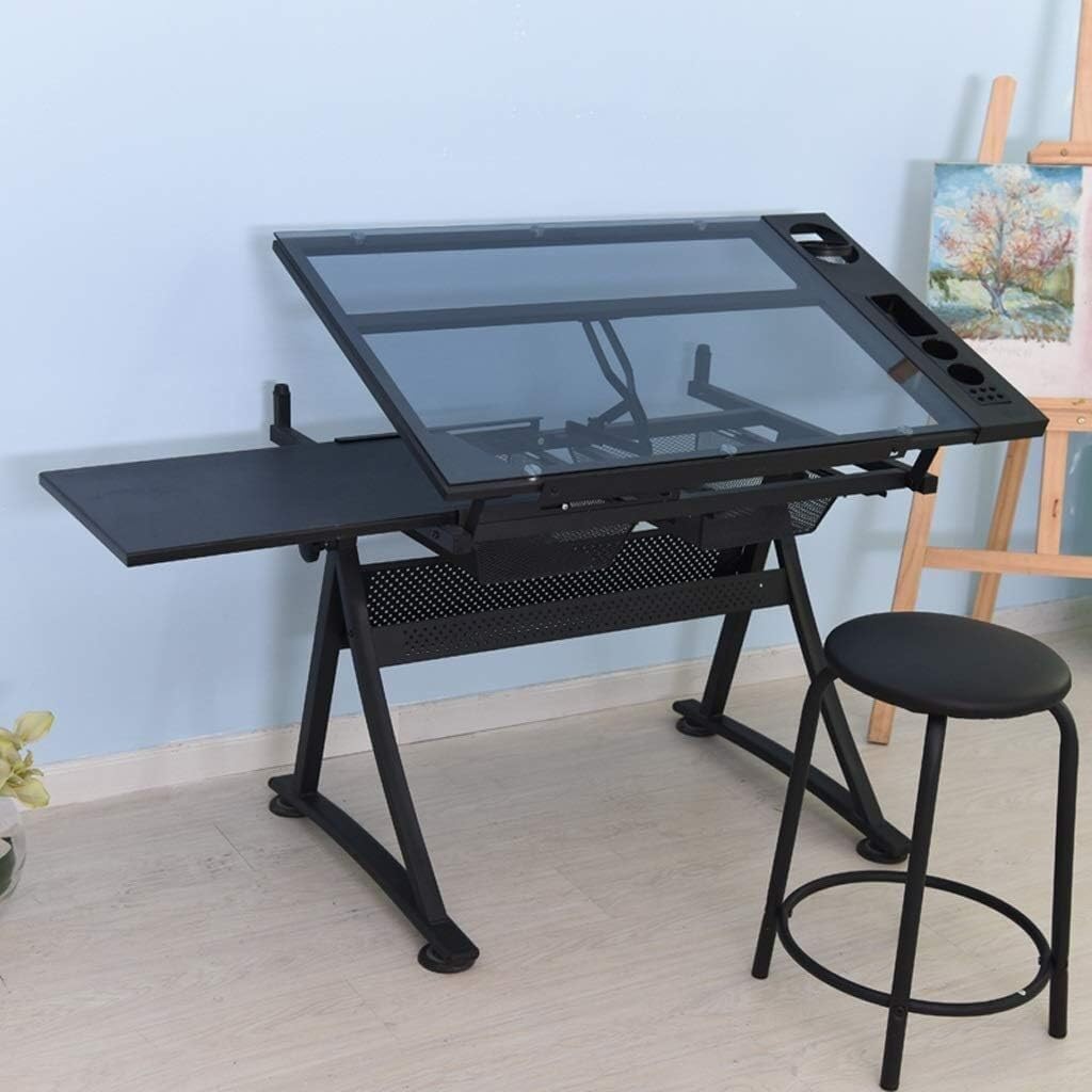 Adjustable Tilt Drawing Table with Storage - Exquisite Glass Panel Design for Artists, for Adults to Draw and Sketch