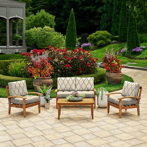 Image of Arden Outdoor Plush Modern Tufted Blowfill Deep Seat Set, 24 x 24, Rain-Proof, Fade Resistant, Deep Seat Bottom and Back Cushion, Tan Diamond Trellis
