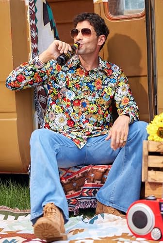 Mainfini Man 70S Button Down Shirt Geometric Long Sleeve Dress Shirt Retro Hippies Shirt Flower Printed Costume Xxl thumb #2