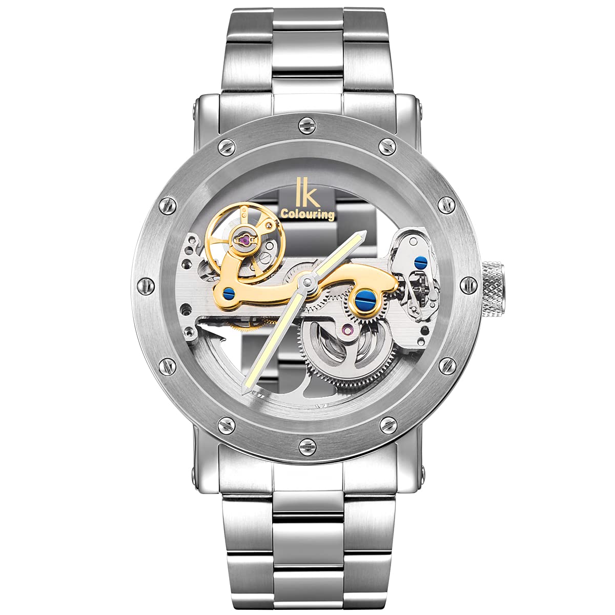 Alienwork IK Automatikuhr Armbanduhr Herren Damen Silber Edelstahl Metallarmband Skelett Glasboden