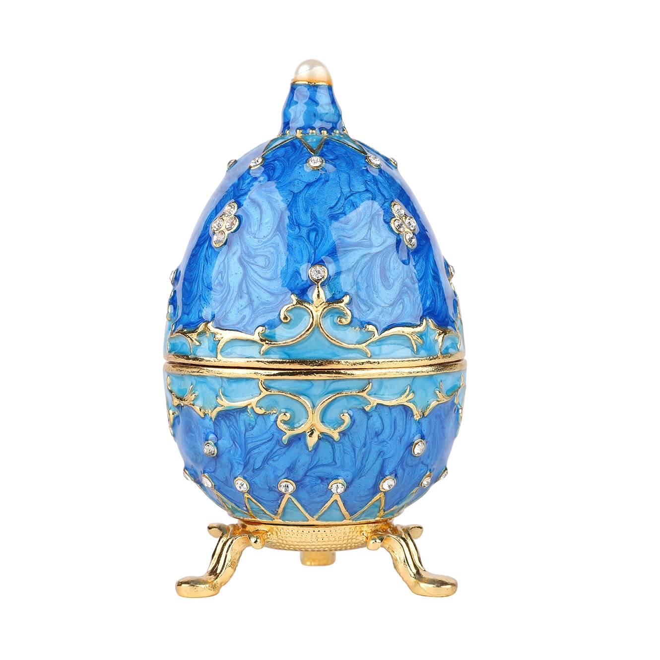 QIFU Hand Painted Blue Easter Egg Figurine Enamel Trinket Box Hinged, Unique Gift for Family
