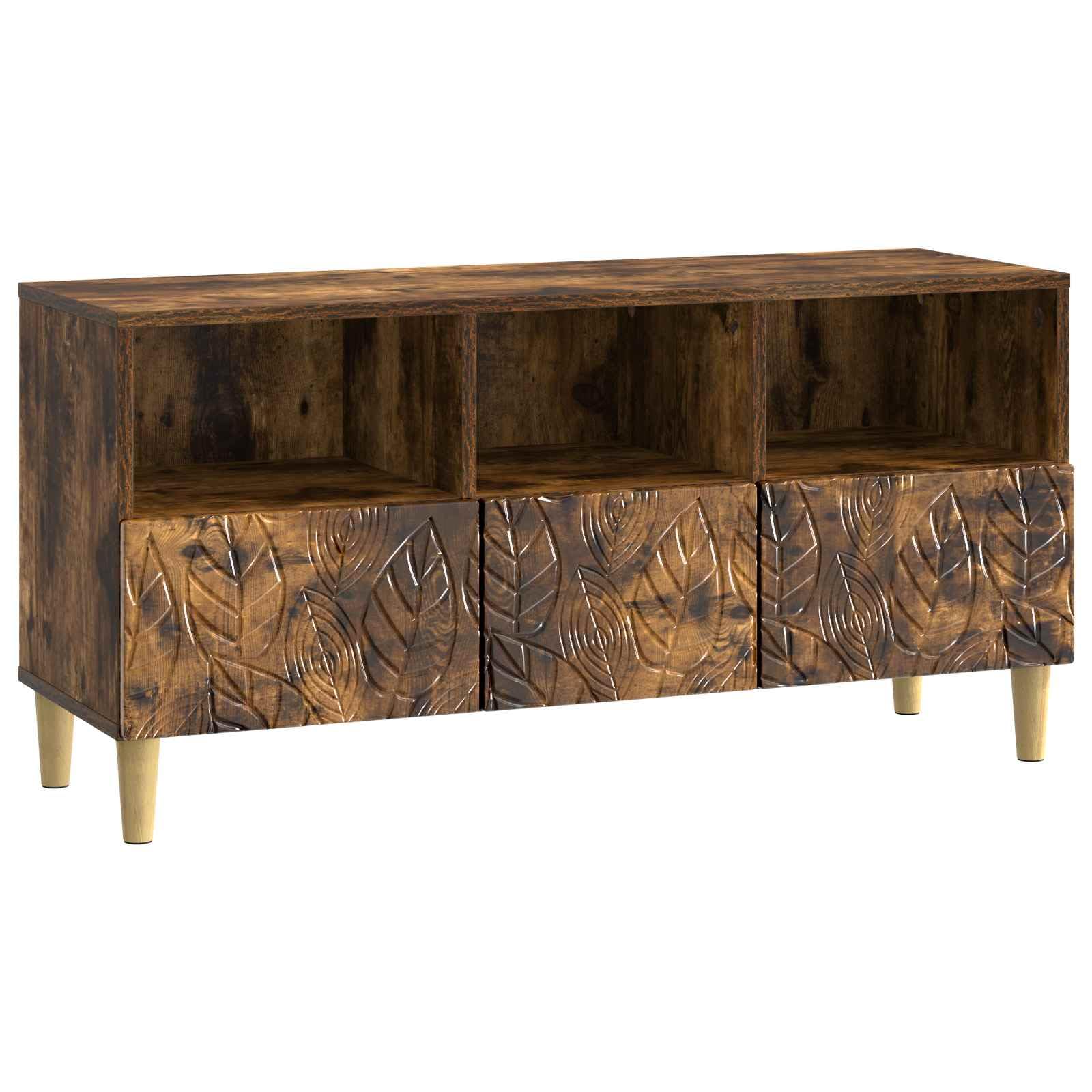 Meuble TV chêne fumé 102x34,5x50 cm avec 3 tiroirs et pieds en eucalyptus pour salon