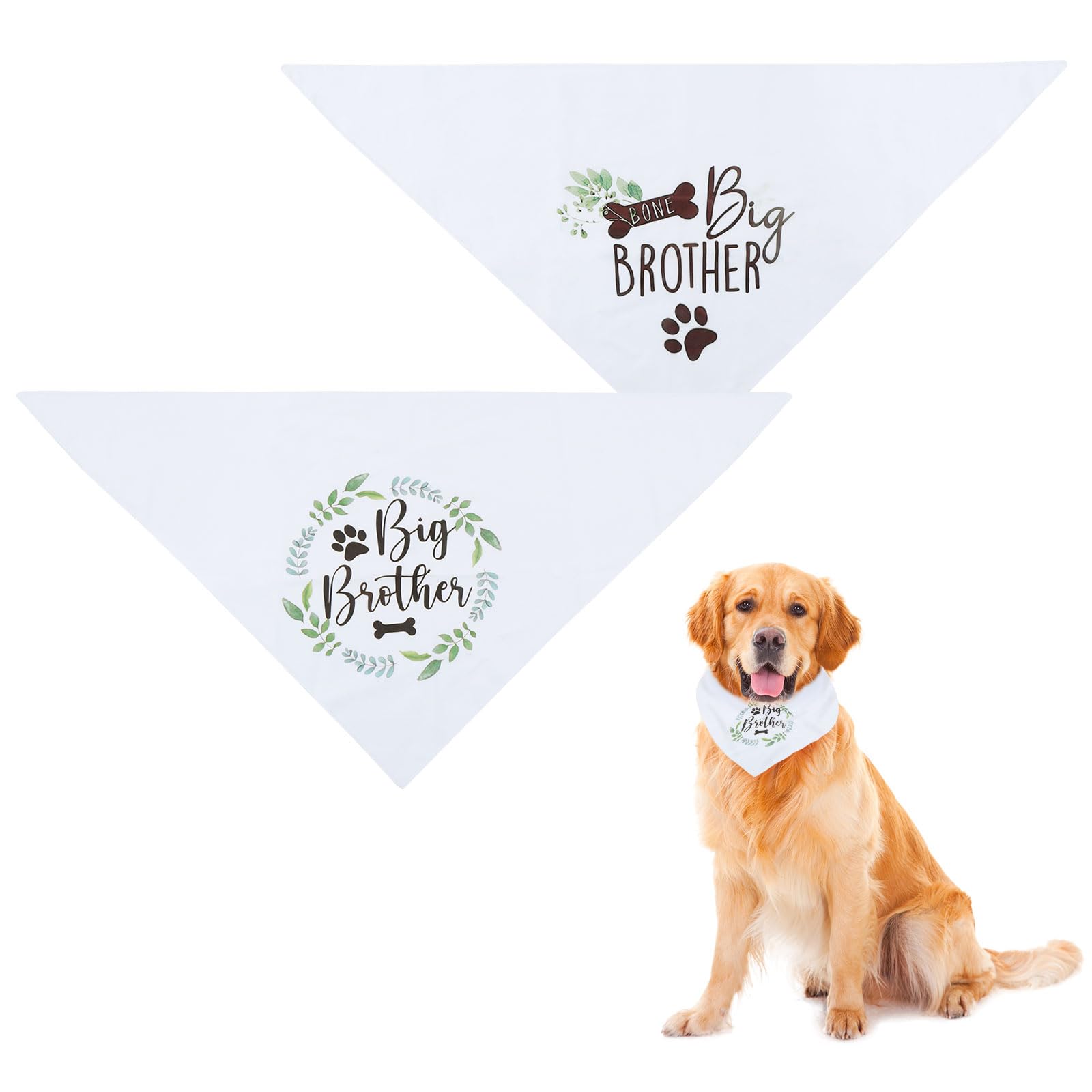 QINGYIWL Pet Dog Bandana 2 Pcs White Cotton Triangle Pet's Bandana Big Brother Words Plant Washable Scarf Bibs Accessories Chief for Medium Large Dogs and Pets Gifts 42 * 42 * 62cm