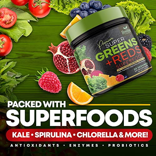 Greens Powder Superfood Supplement - Super Green Reds Smoothie Mix Blend with Spirulina, Wheat Grass, Chlorella, Beets, Digestive Enzymes, Natural Antioxidants - Vegan, Non-GMO - 30 Servings - Thumbnail 4