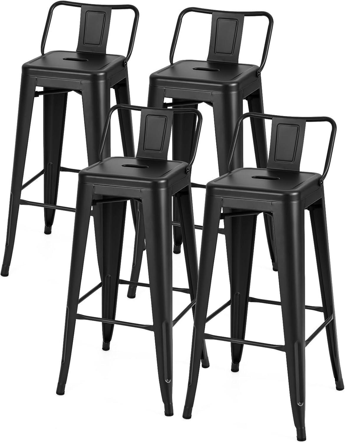 TANGZON Stackable Bar Stools Set of 4, Metal Bar Chairs with Backrest, Footrests & Anti-slip Rubber Feet, Counter Height Breakfast Stools for Home Kitchen Dining Living Room (Black, 42x42x92cm)