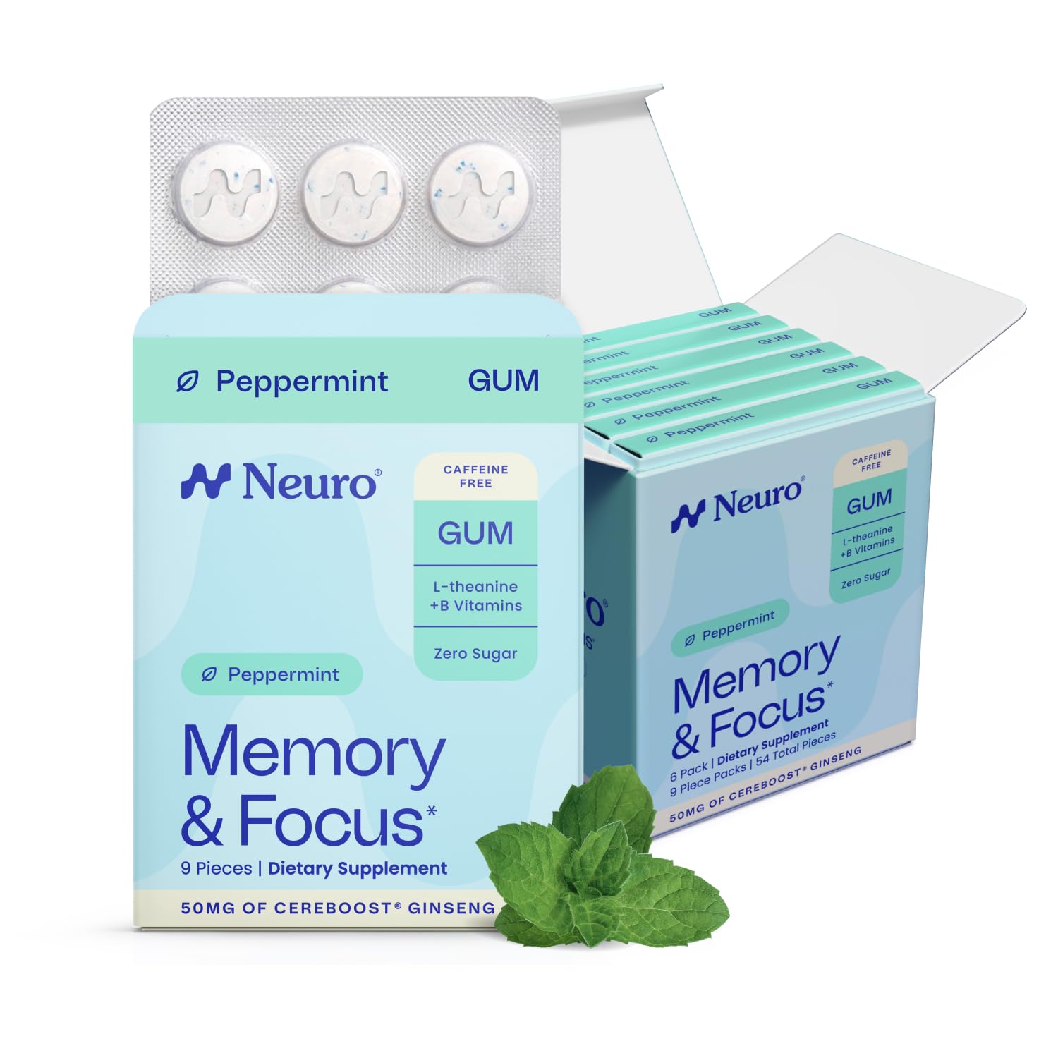 Neuro Memory & Focus Gum - Caffeine Free Nootropic with Cereboost Ginseng, 60mg L-Theanine & B Vitamins - Brain Boosting Gum and Mental Clarity Supplement - Sugar Free, Vegan - Peppermint, 54 ct