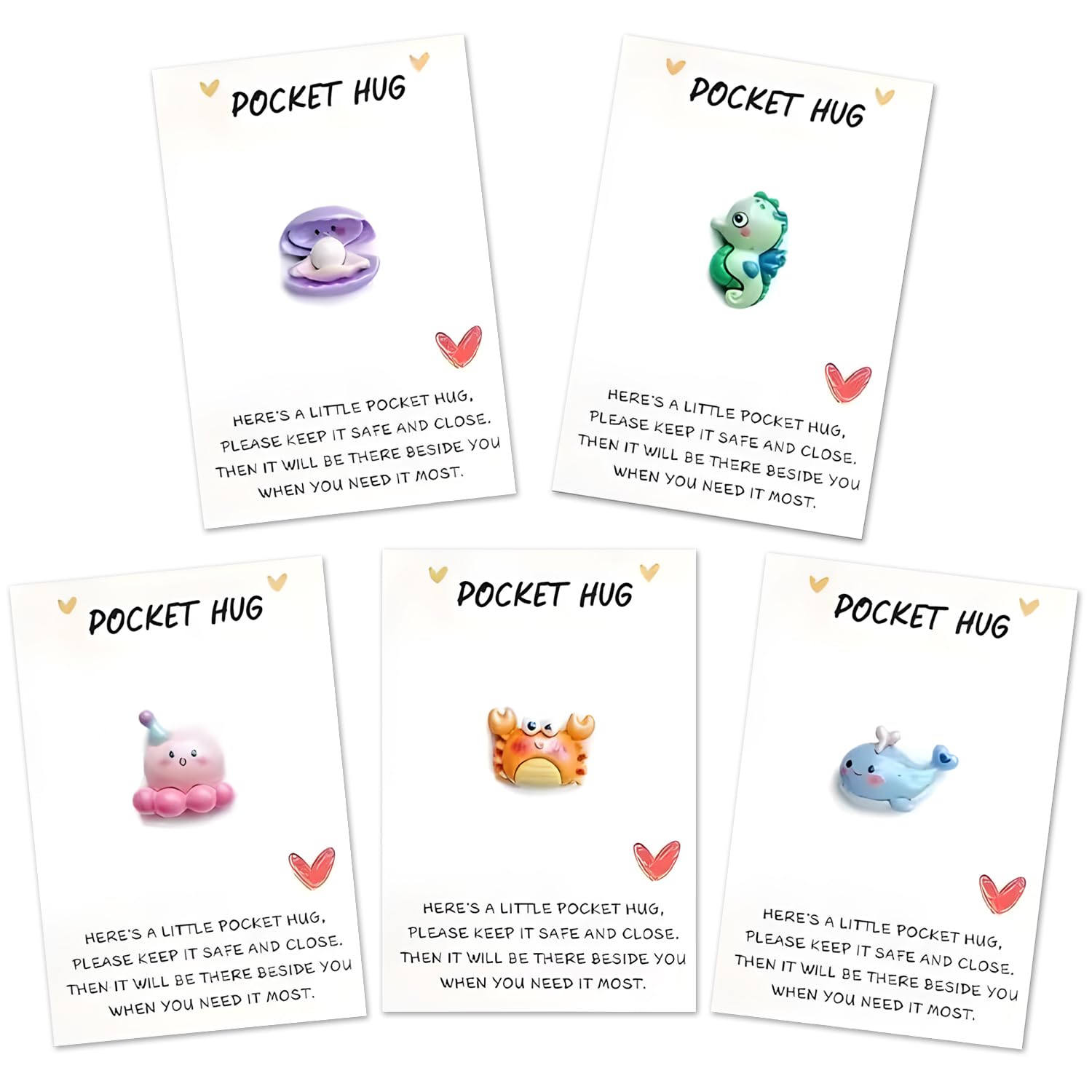 5Pcs Ocean Animal Pocket Hugs with Cards, Mini Resin Animals Pocket Hug, Miniature Keepsake Gifts with Octopus Whale, Good Luck Gifts for Birthday, Thank You and Thinking of You