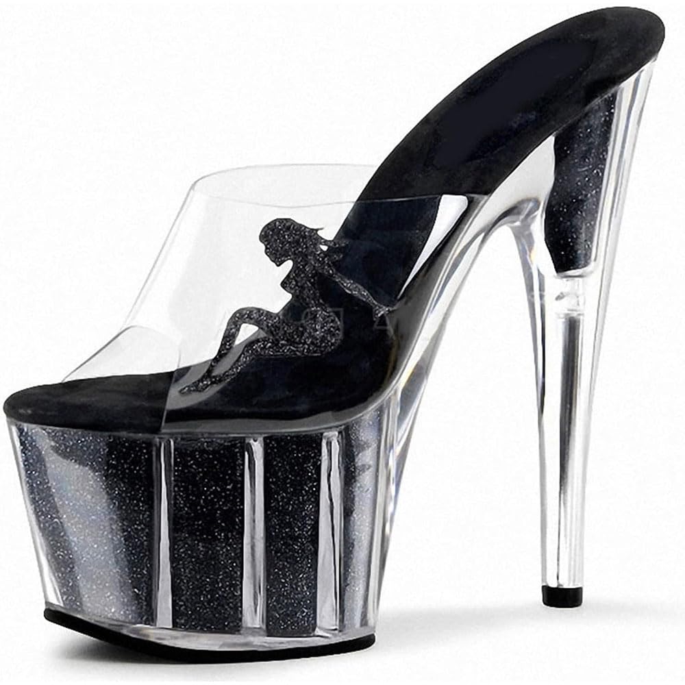 Hyfzxwx Women's F Splitter Clear High Heels Sequins Platform Mules Sandals Sexy Stripper Club Pole Dance Wedding Dress Party Shoes Large Size High/F/37Eu