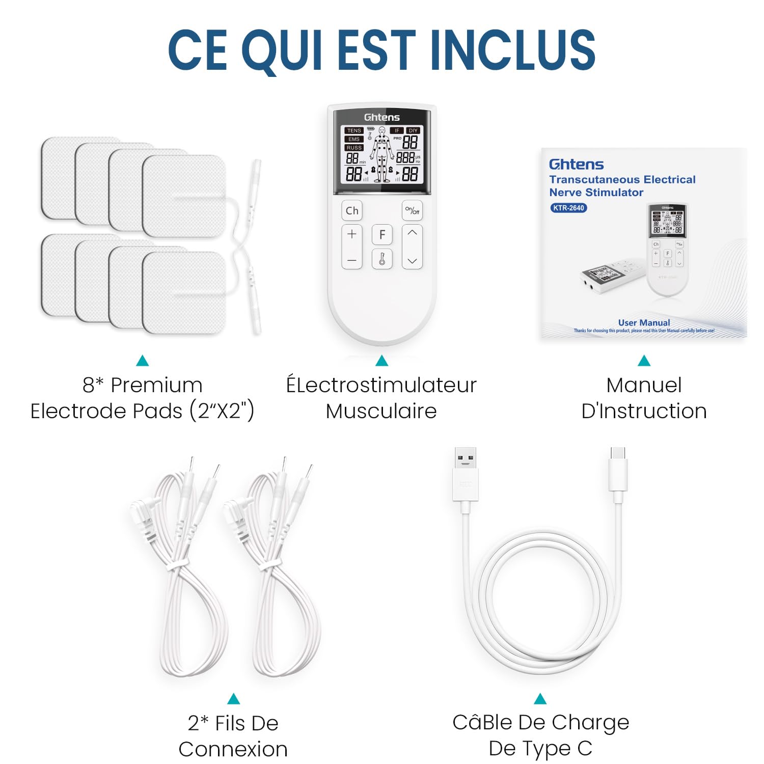 GHTENS Électrostimulateur Musculaire 5 en 1: TENS/EMS/If/Russ/DIY, Appareil de Stimulation Électrique Rechargeable, 80 Programmes, 2 Canaux, 8 Électrodes