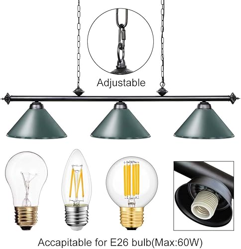 Miniatura 9 de Wellmet Luz de mesa de billar, luces de billar colgantes de 59 pulgadas, accesorio de iluminación ajustable para isla de cocina para mesa de billar,