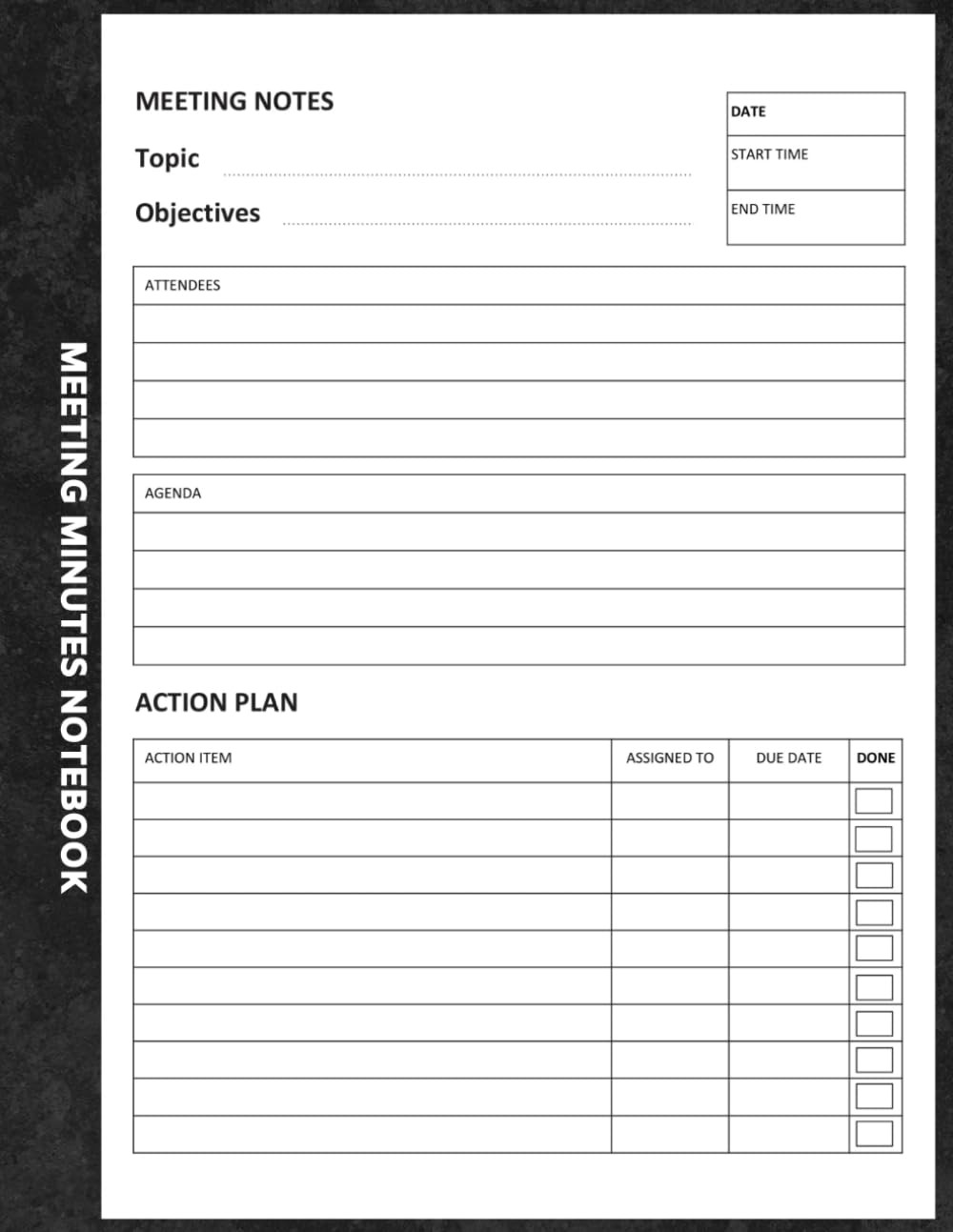Meeting Minutes Notebook: Note Taking Book for Work with Action Items, Attendees, Notes and Calendar – 8.5 x 11 Journal Logbook to Record Business Meetings Minutes