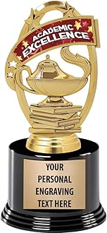 Crown Awards Academic Excellence Trophies with Custom Engraving, 7.25" Personalized Academic Excellence Trophy On Deluxe Round Base Prime
