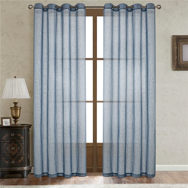 Rideaux semi-transparents aspect lin bleu pour stopper les vis-à-vis du balcon sans assombrir