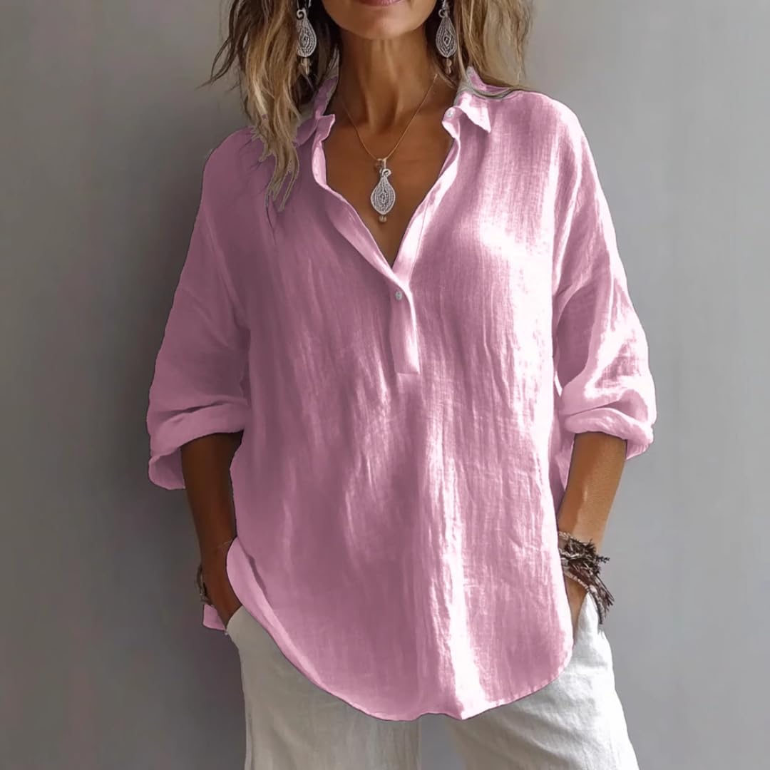 Chemise en Lin V, Top Ample Manches 3/4(Rose,as4,Alpha,XX_l,Regular,Regular)