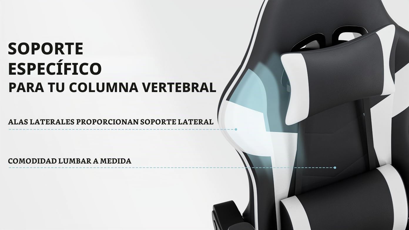 Silla ergonómica para videojuegos, con reposapiés, reposabrazos ajustables, silla de oficina ergonómica con soporte lumbar, color negro y blanco