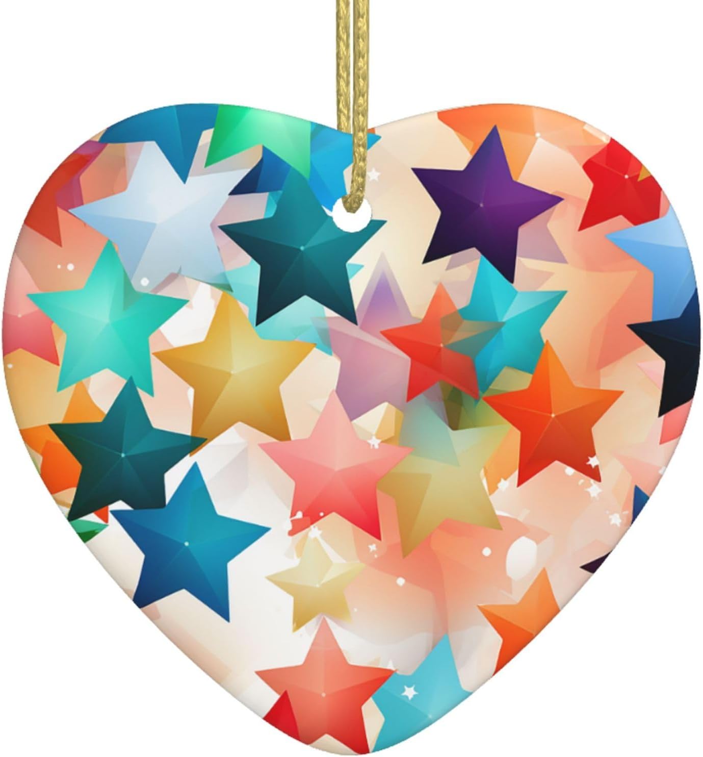 Ceramic Christmas Ornaments Heart Shaped Xmas Hanging Ornament Double-Sided Colorful Star Print Christmas Tree Pendants for Fireplace Party Holiday Wedding Xmas Decoration