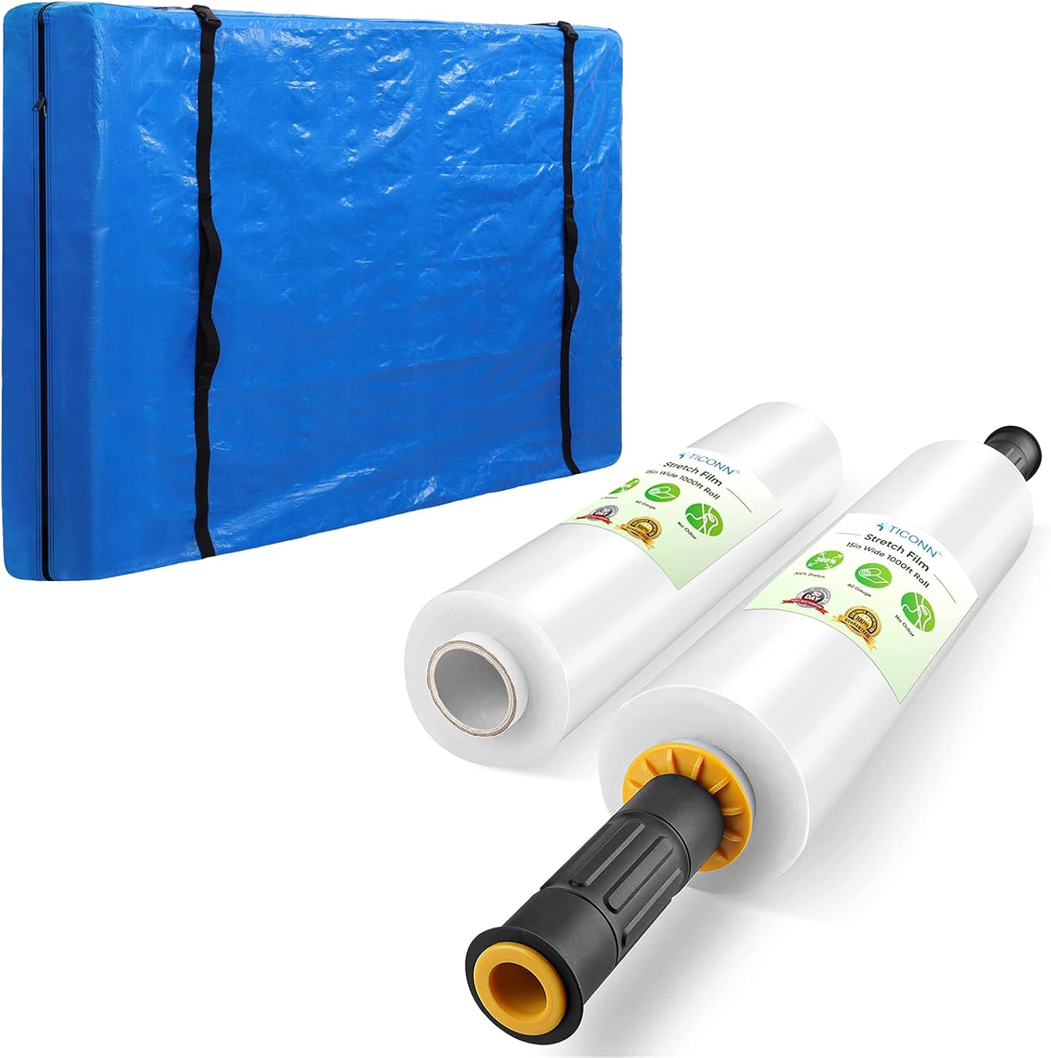 TICONN 2PK Stretch Wrap Stretch Film Roll(1000ft,2pk) +Mattress Bags for Moving(Full)