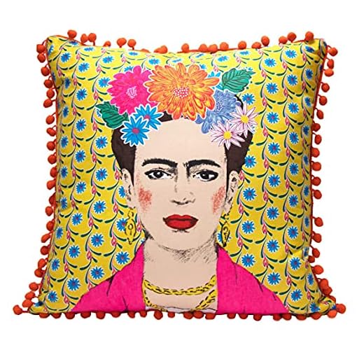 Gul Frida Kahlo kudde och överdrag med Pom Poms | Boho dekorativ kudde för heminredning, inspirerande gåvor för kvinnor, sovrum, soffa, stol