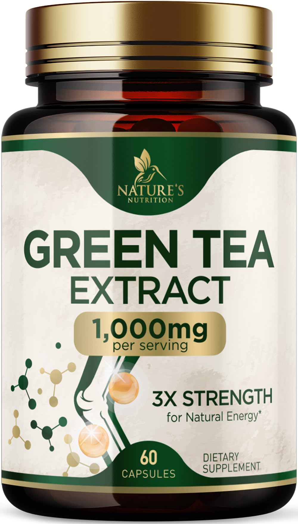 Green Tea Extract 1000mg Per Serving - Standardized 45% EGCG & 98% Polyphenols - 3X Strength Green Tea Pills for Energy, Supports Heart Health, Herbal Supplement, Vegan, Bottled in USA - 60 Capsules 60 Count (Pack of 1)