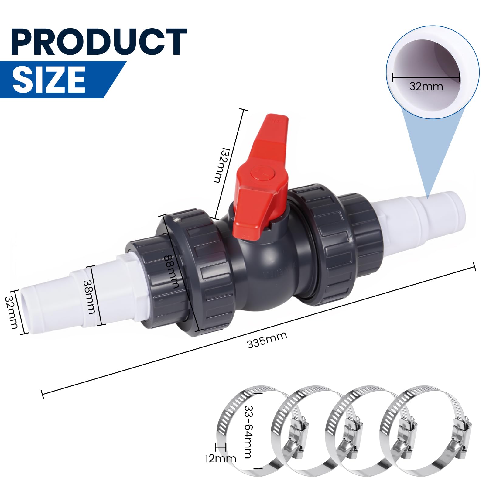 Válvula de bola con conector de manguera de PVC, válvula de cierre para piscina, incluye 1 válvula de cierre de 1 1/2" (50 mm), 2 boquillas de manguera de 32-38 mm, conector de manguera de