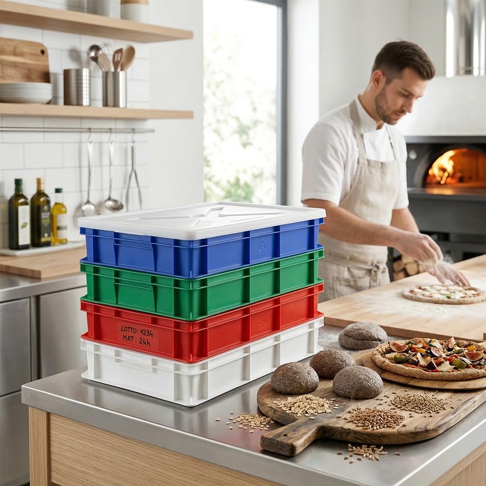 Kit 4 Cassette Porta Impasto Pizza Professionali 60x40x10 cm HDPE con Coperchio Set Multicolore Bianco Rosso Verde Blu per Lievitazione IMPASTI HACCP ANTICONTAMINAZIONE ALIMENTARI Capacità 20 Litri
