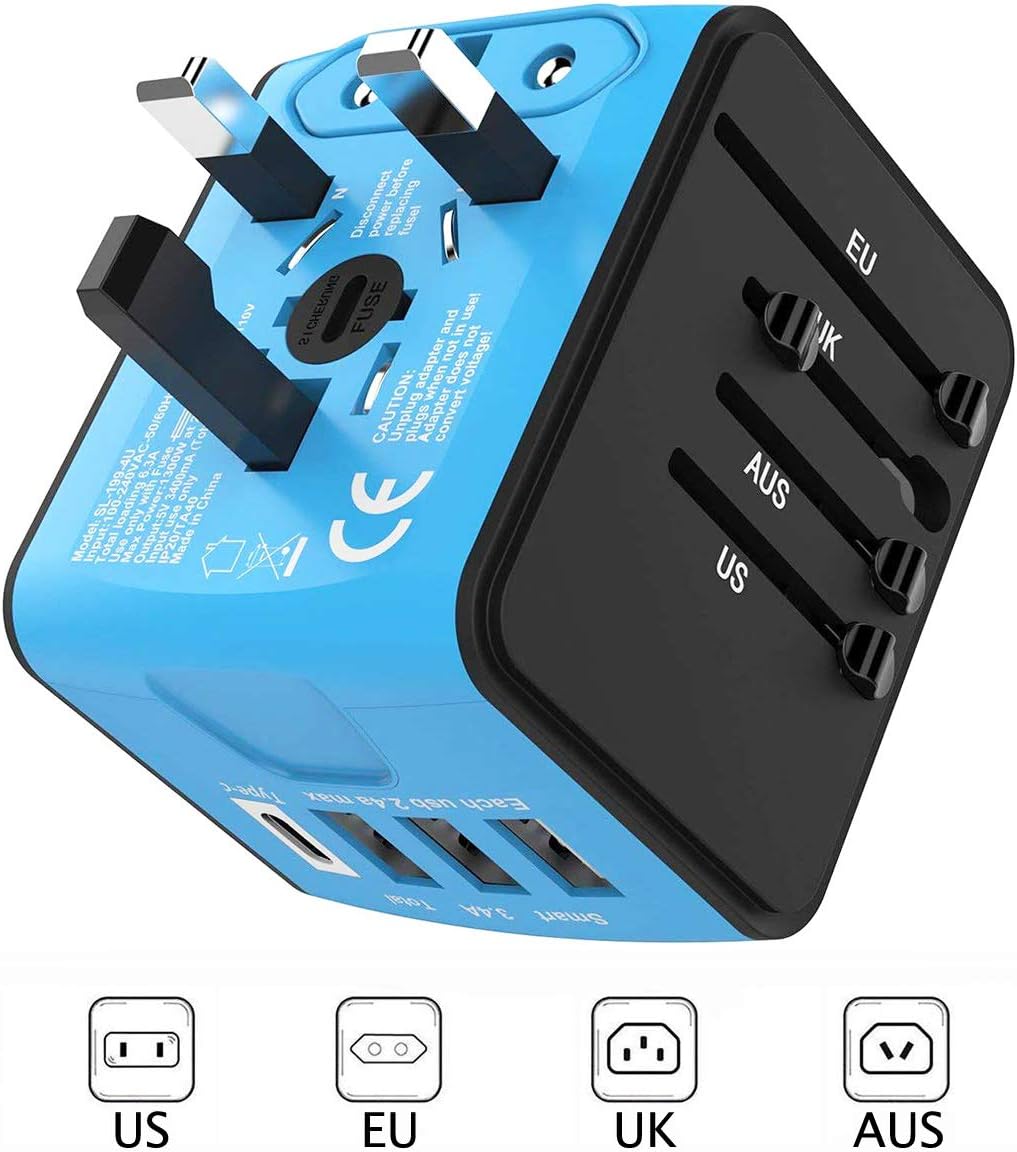 European Travel Adapter,Universal Travel Adapter, International Travel Electrical Adapter, UK Power Adapter, Worldwide AC Outlet Plug Adapter with 3 USB & USB-C Charger for Over 170 Countries (Blue)