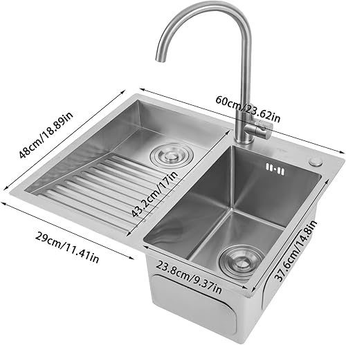 Miniatura 3 de Fregadero de lavandería de 2 lavabos para el hogar con lavabo con tabla de lavar y grifo, fregadero de acero inoxidable para lavanderías, baños,