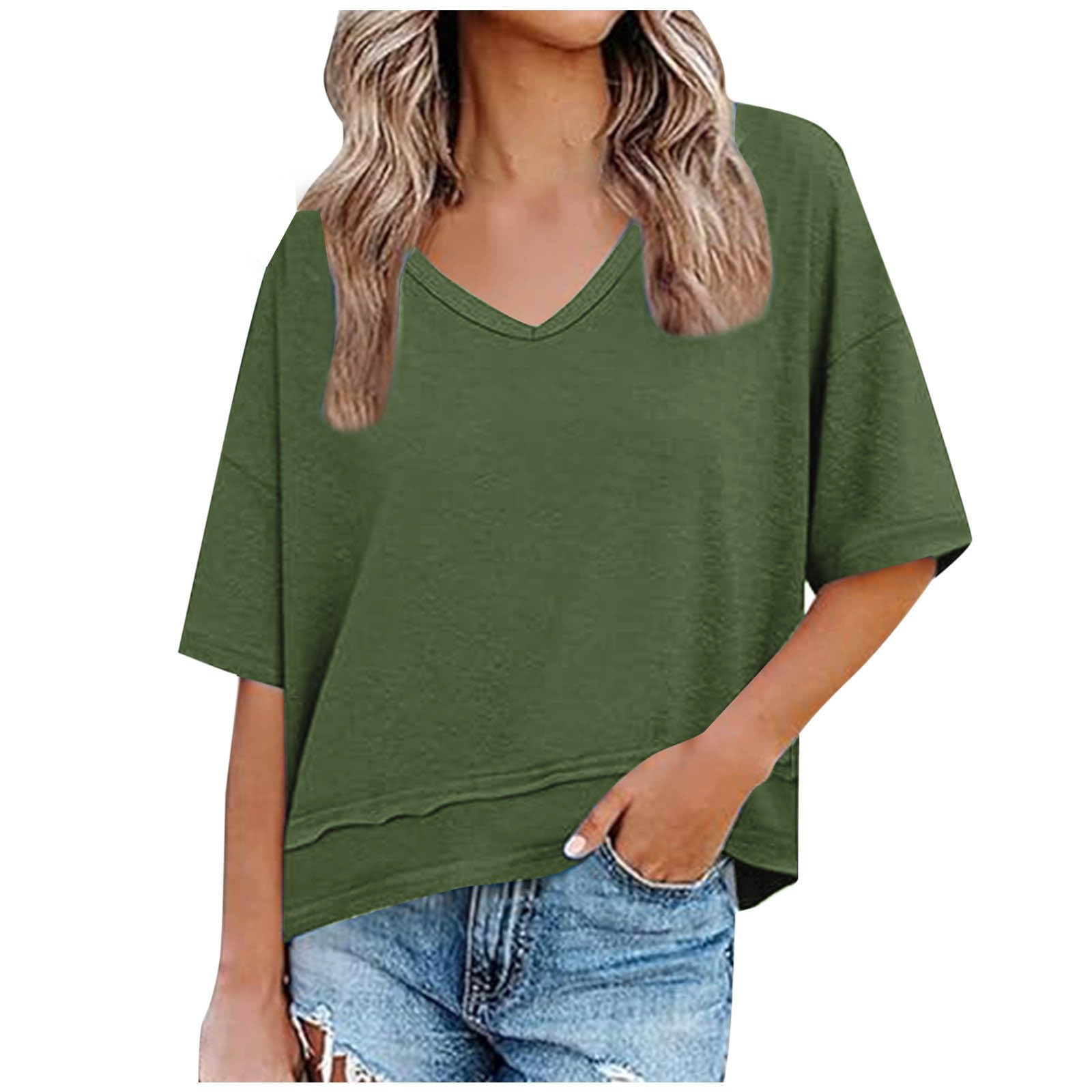 Womens Tops Loose Comfy Solid Color Casual Basic T-Shirts Short Sleeves V-Neck Pleated Tunic Top Summer Fashion Tees